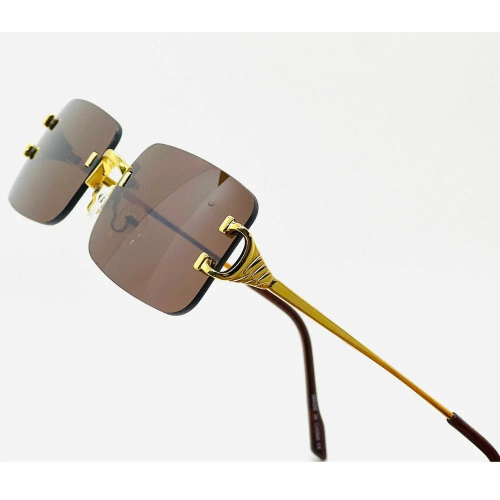 Men Sunglasses Dark Brown Lens Gold Accents Rectangle Frame Men's Fashion Trendy